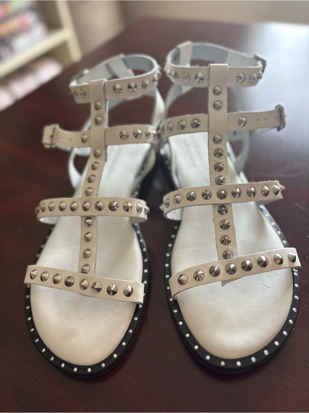 White Studded T-Strap Women's Sandals